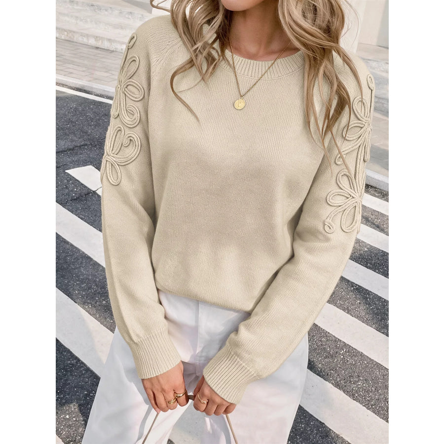 Floral Raglan Sleeve Sweater Beige / S Apparel and Accessories