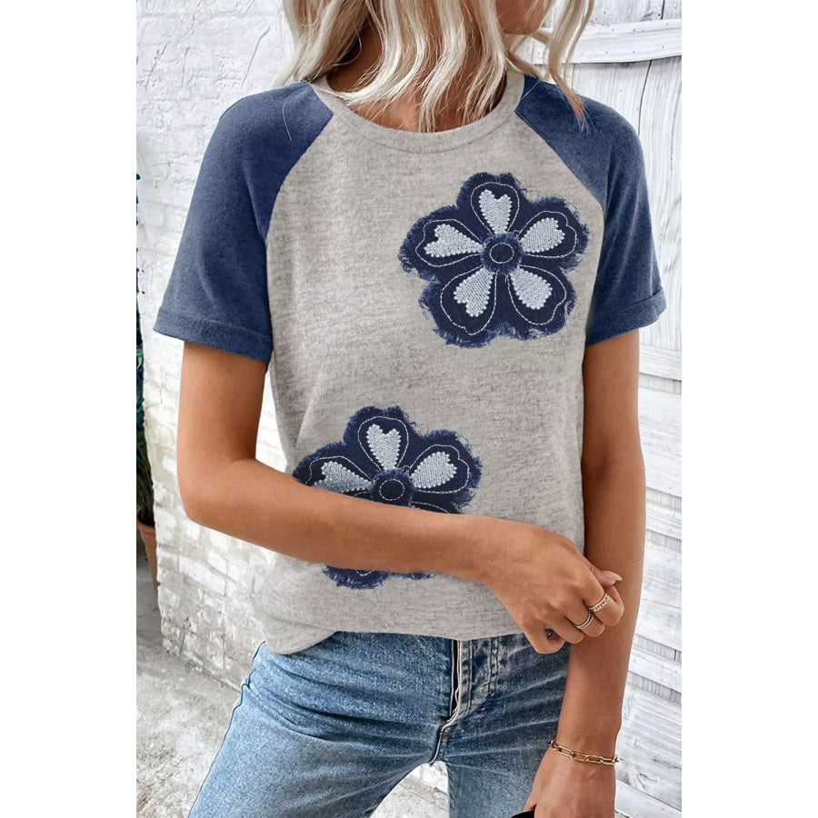 Floral Raglan Sleeve T-Shirt Dusty Blue / S Apparel and Accessories