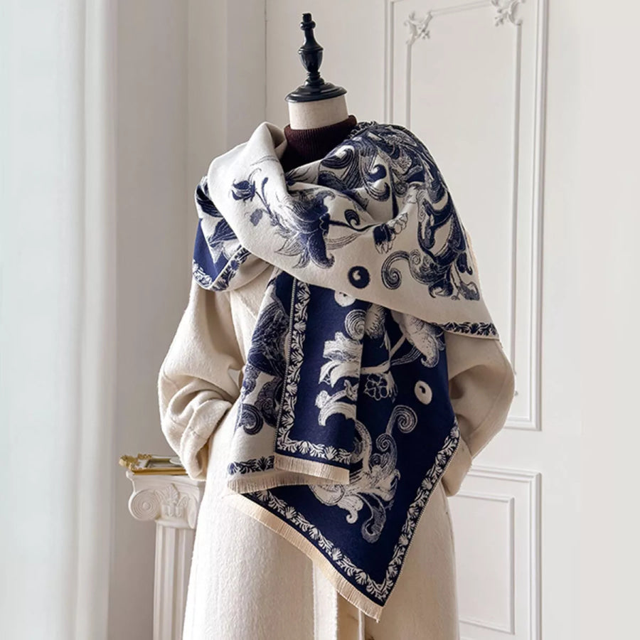 Floral Raw Hem Winter Scarf Indigo / One Size Apparel and Accessories