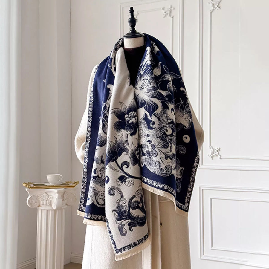 Floral Raw Hem Winter Scarf Indigo / One Size Apparel and Accessories
