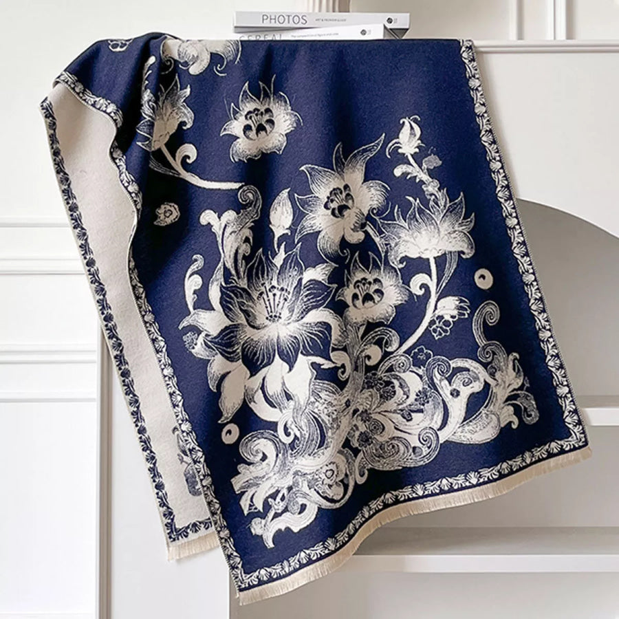 Floral Raw Hem Winter Scarf Indigo / One Size Apparel and Accessories