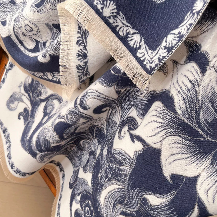 Floral Raw Hem Winter Scarf Indigo / One Size Apparel and Accessories