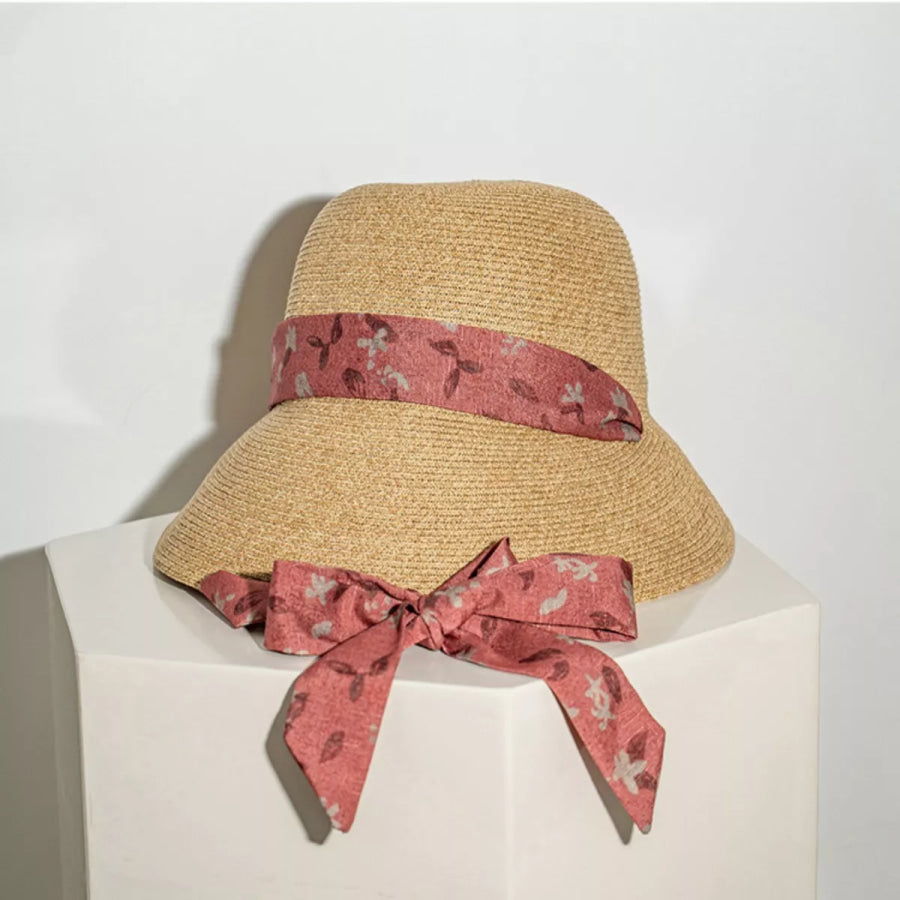 Floral Ribbon Straw Sun Hat Red / One Size Apparel and Accessories