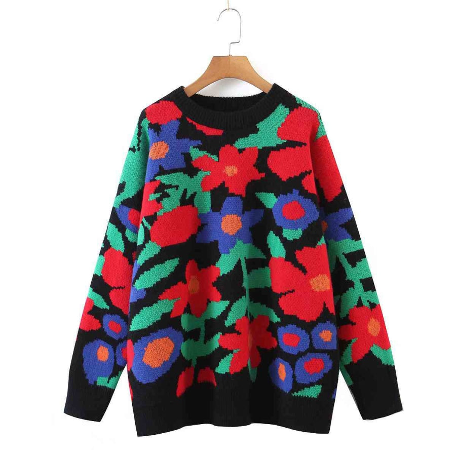 Floral Round Neck Drop Shoulder Sweater Black / S