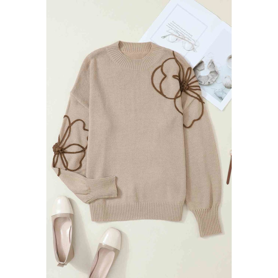 Floral Round Neck Drop Shoulder Sweater Dust Storm / S