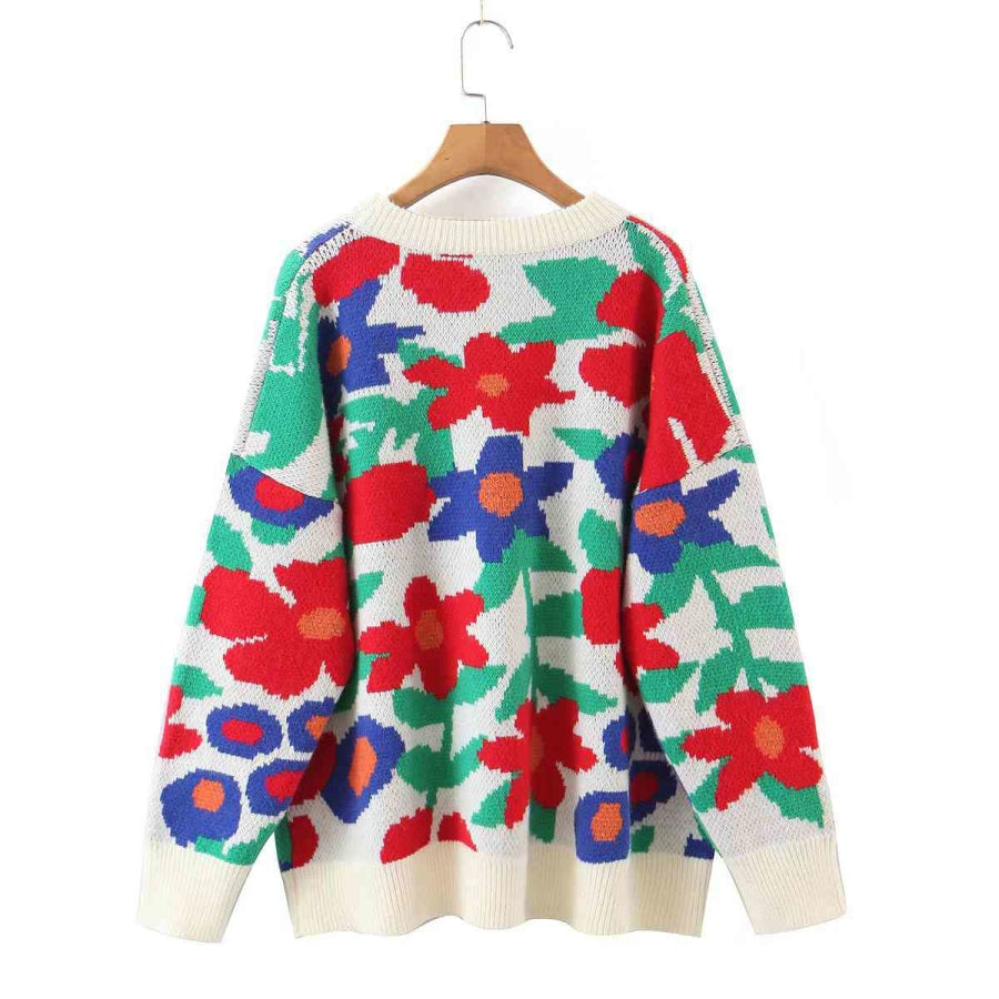 Floral Round Neck Drop Shoulder Sweater White / S