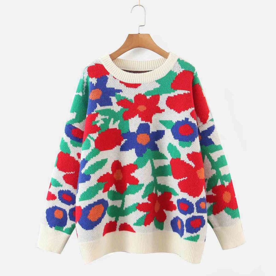 Floral Round Neck Drop Shoulder Sweater White / S