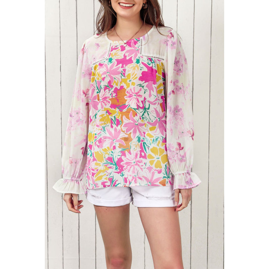 Floral Round Neck Flounce Sleeve Blouse Apparel and Accessories