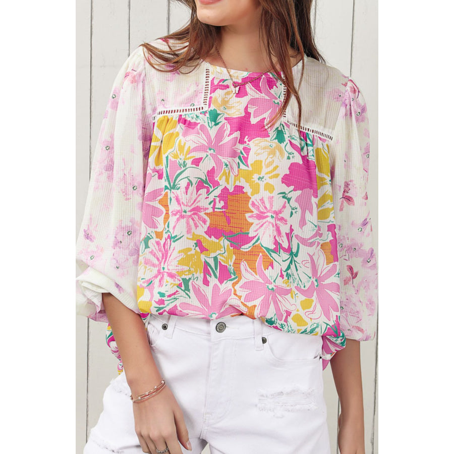 Floral Round Neck Flounce Sleeve Blouse Apparel and Accessories