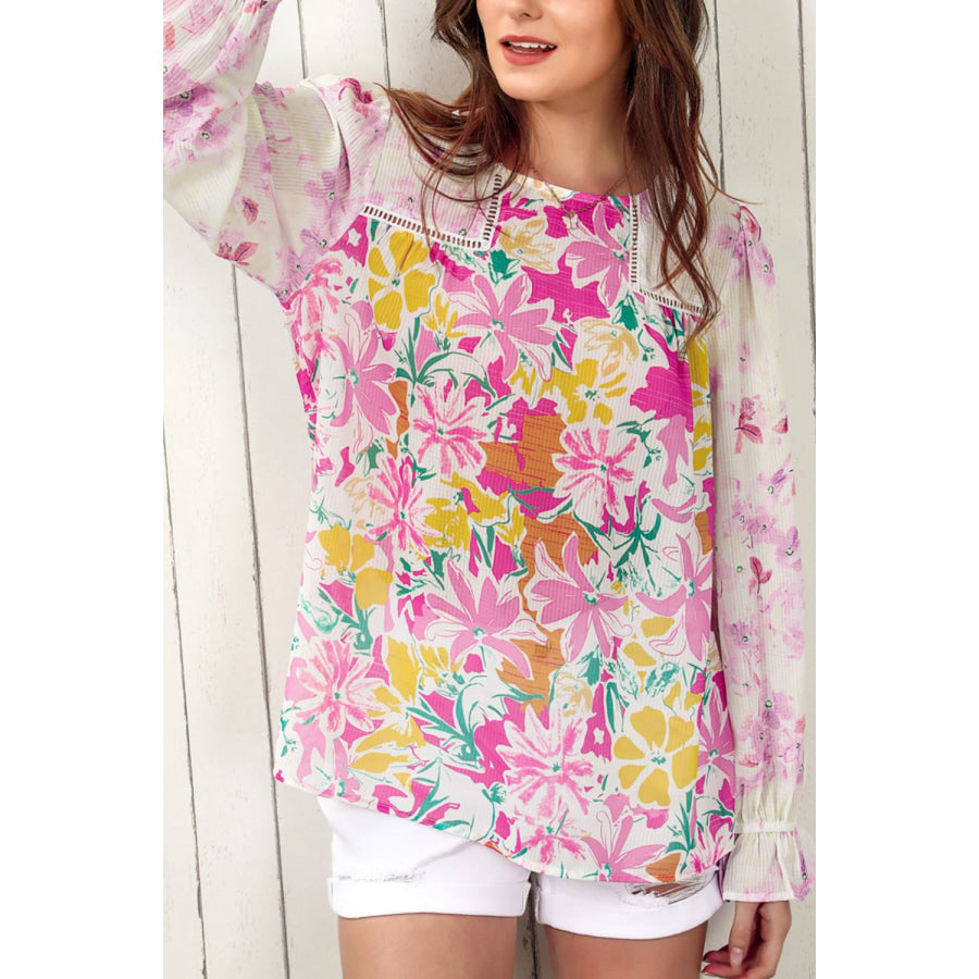 Floral Round Neck Flounce Sleeve Blouse Apparel and Accessories