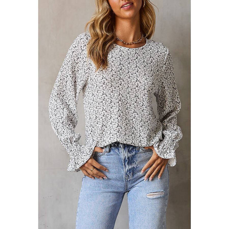 Floral Round Neck Flounce Sleeve Blouse Apparel and Accessories