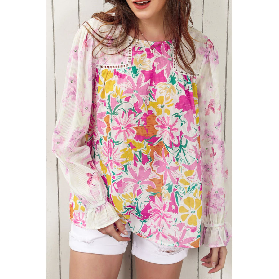 Floral Round Neck Flounce Sleeve Blouse Floral / S Apparel and Accessories