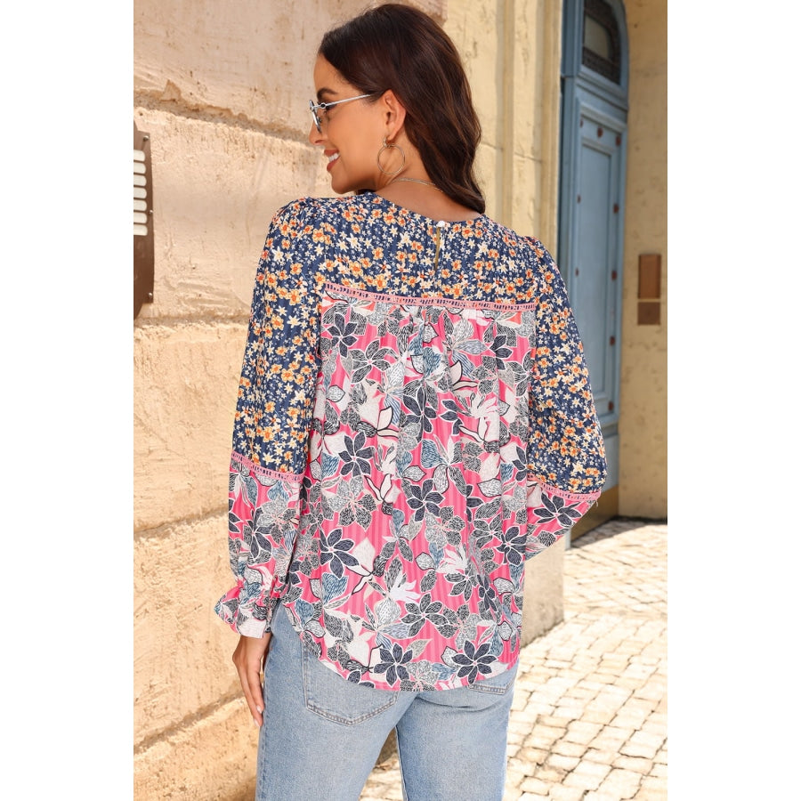 Floral Round Neck Flounce Sleeve Blouse