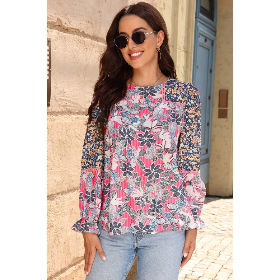 Floral Round Neck Flounce Sleeve Blouse