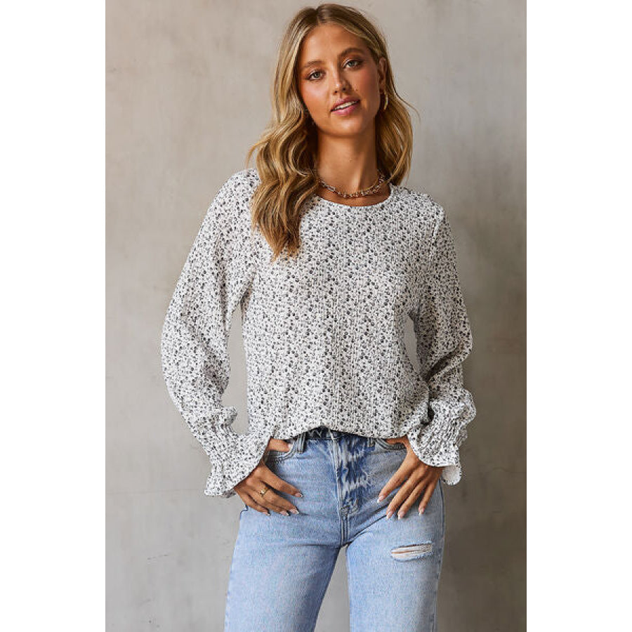 Floral Round Neck Flounce Sleeve Blouse White / S Apparel and Accessories