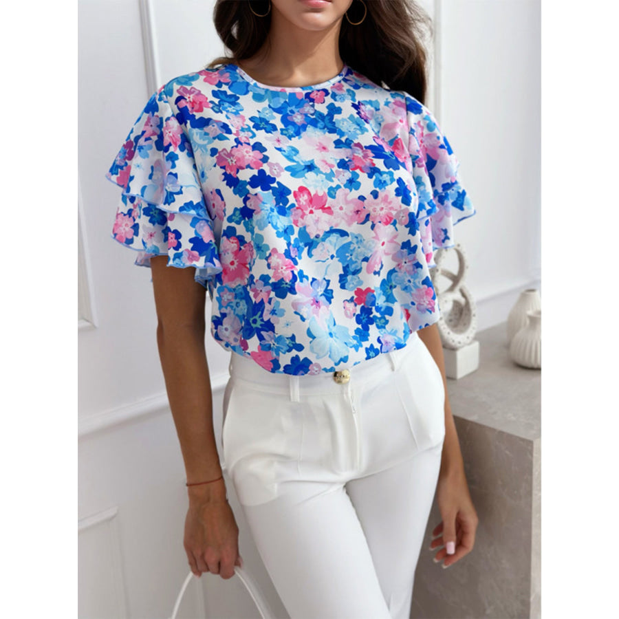 Floral Round Neck Flutter Sleeve Blouse Apparel and Accessories