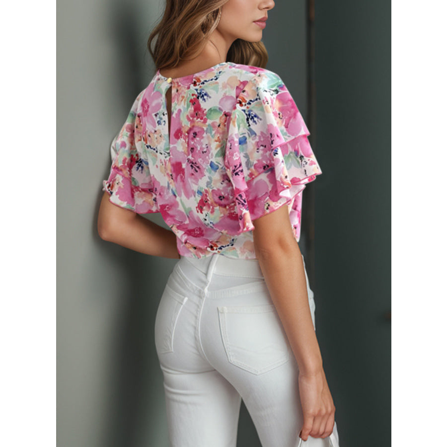 Floral Round Neck Flutter Sleeve Blouse Apparel and Accessories