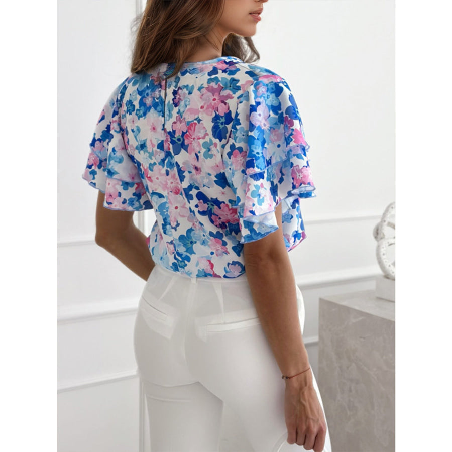 Floral Round Neck Flutter Sleeve Blouse Apparel and Accessories