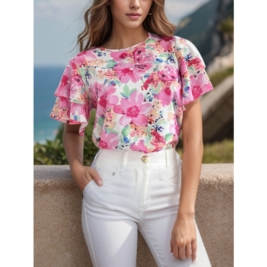 Floral Round Neck Flutter Sleeve Blouse Apparel and Accessories