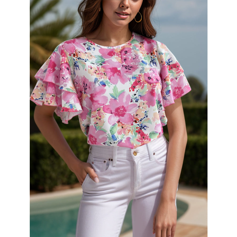 Floral Round Neck Flutter Sleeve Blouse Carnation Pink / S Apparel and Accessories