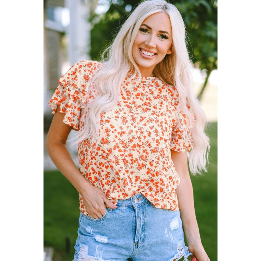 Floral Round Neck Flutter Sleeve Blouse Floral / S