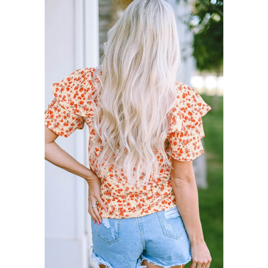 Floral Round Neck Flutter Sleeve Blouse