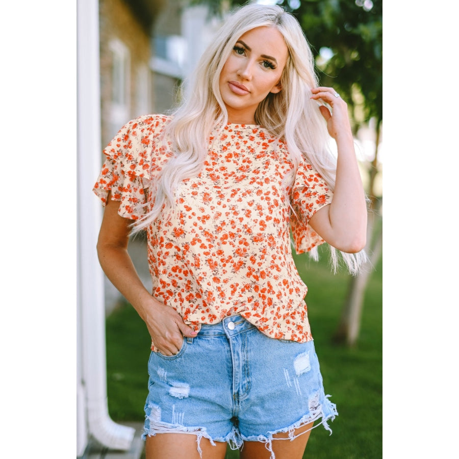 Floral Round Neck Flutter Sleeve Blouse