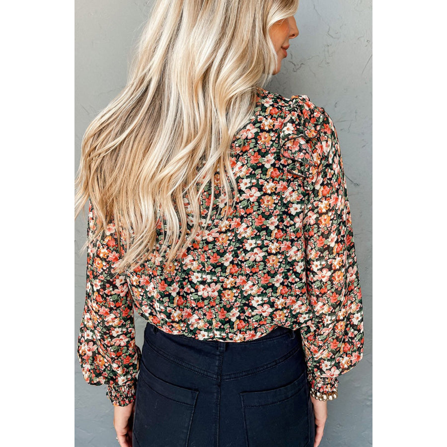 Floral Round Neck Lantern Sleeve Blouse Apparel and Accessories