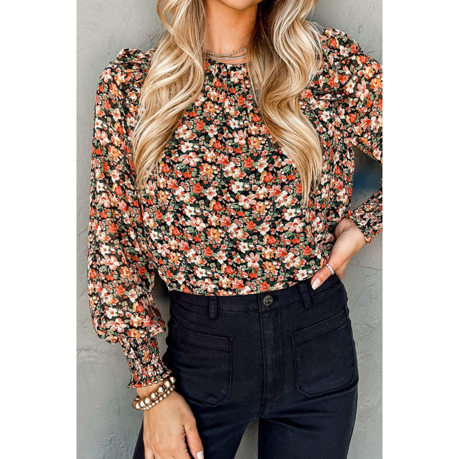 Floral Round Neck Lantern Sleeve Blouse Apparel and Accessories