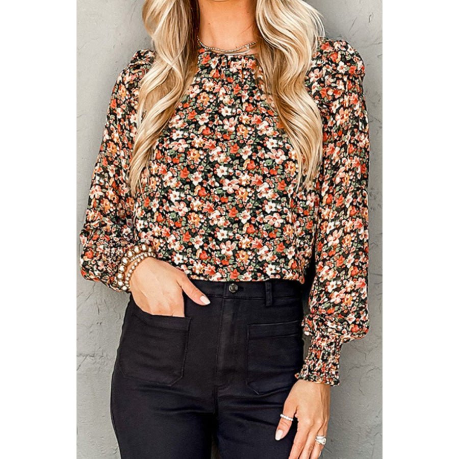 Floral Round Neck Lantern Sleeve Blouse Floral / S Apparel and Accessories