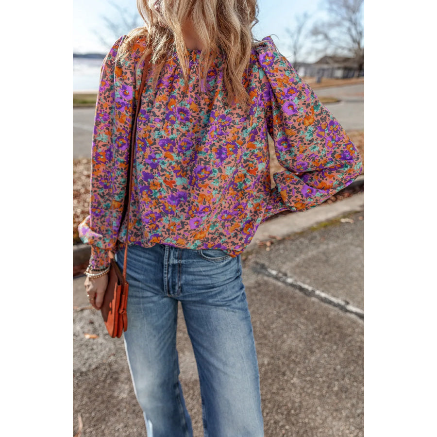 Floral Round Neck Long Sleeve Blouse Apparel and Accessories