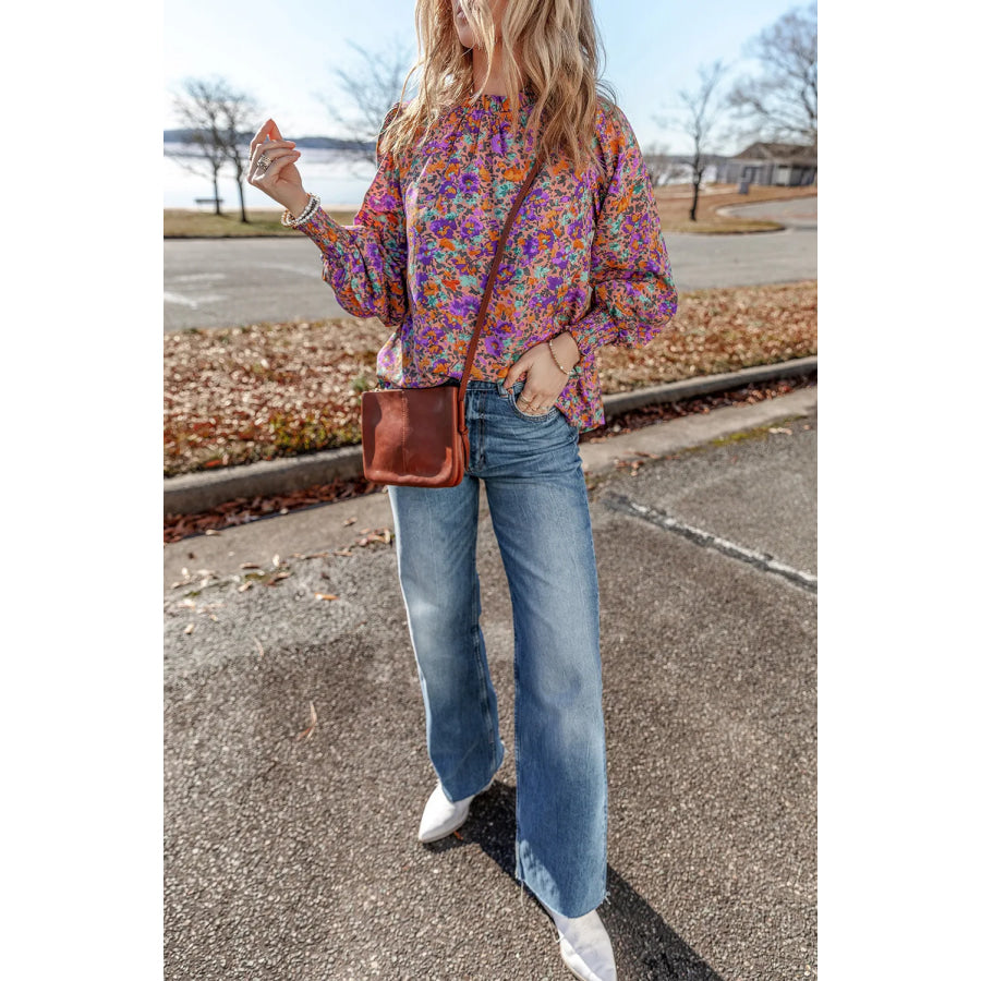 Floral Round Neck Long Sleeve Blouse Apparel and Accessories