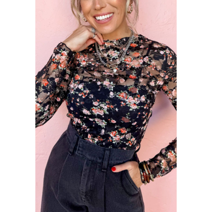 Floral Round Neck Long Sleeve Blouse Apparel and Accessories