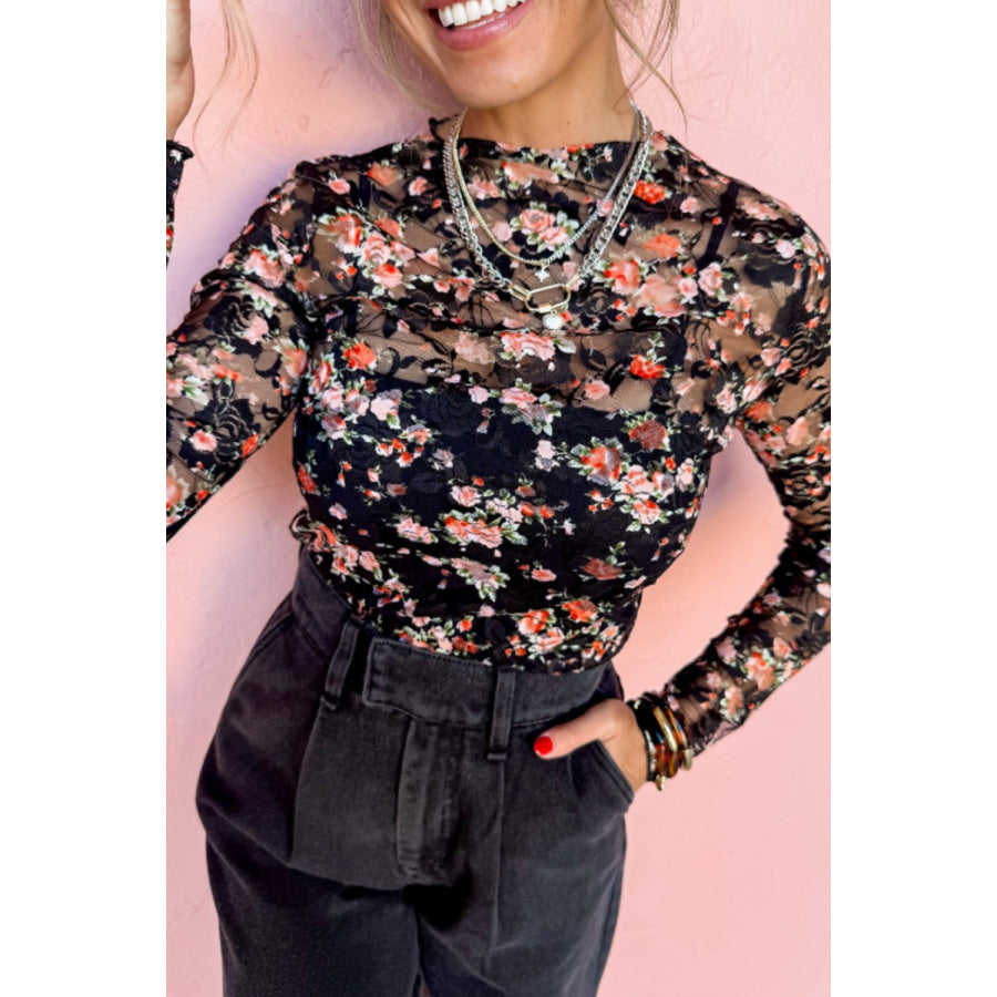 Floral Round Neck Long Sleeve Blouse Apparel and Accessories