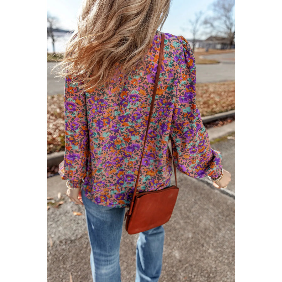 Floral Round Neck Long Sleeve Blouse Apparel and Accessories