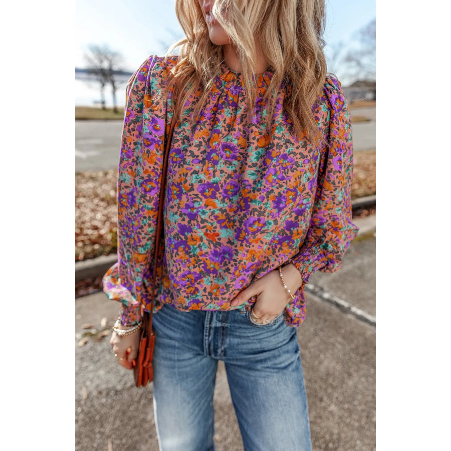 Floral Round Neck Long Sleeve Blouse Purple / S Apparel and Accessories