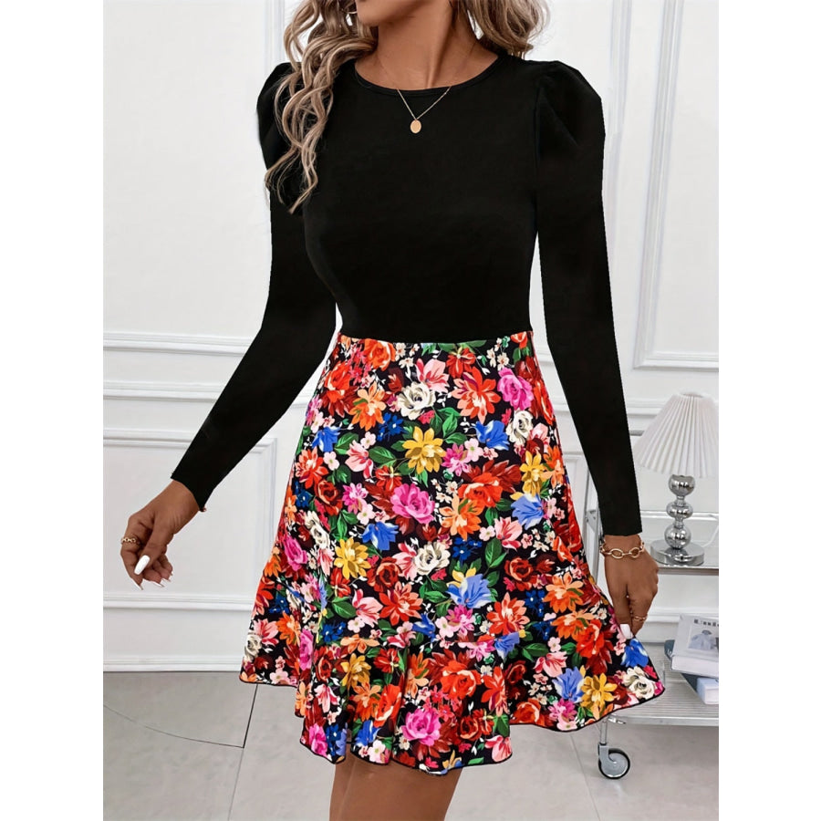 Floral Round Neck Long Sleeve Dress Apparel and Accessories