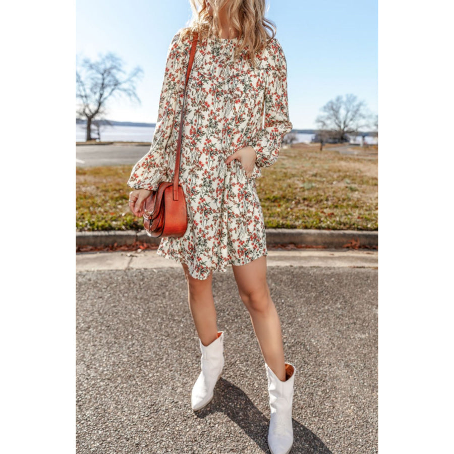 Floral Round Neck Long Sleeve Dress Apparel and Accessories