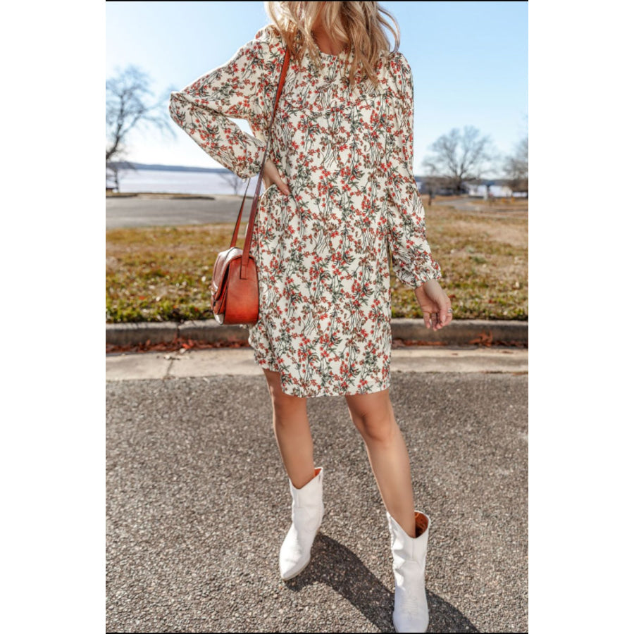 Floral Round Neck Long Sleeve Dress Apparel and Accessories