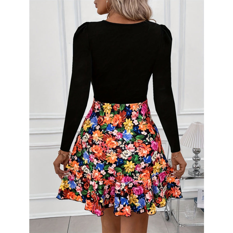 Floral Round Neck Long Sleeve Dress Apparel and Accessories