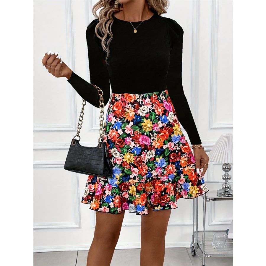 Floral Round Neck Long Sleeve Dress Apparel and Accessories