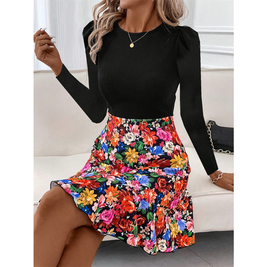 Floral Round Neck Long Sleeve Dress Apparel and Accessories