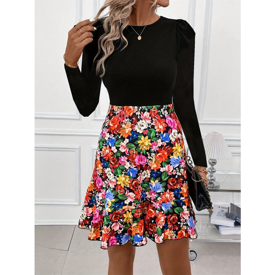 Floral Round Neck Long Sleeve Dress Black / S Apparel and Accessories