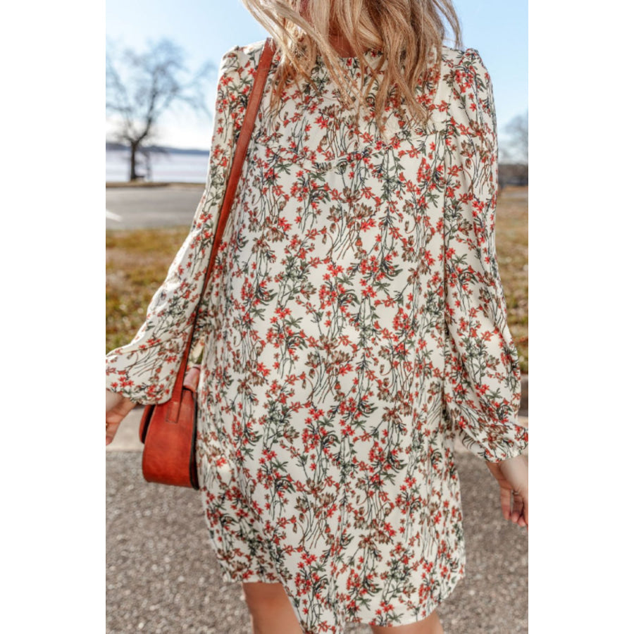 Floral Round Neck Long Sleeve Dress Floral / S Apparel and Accessories