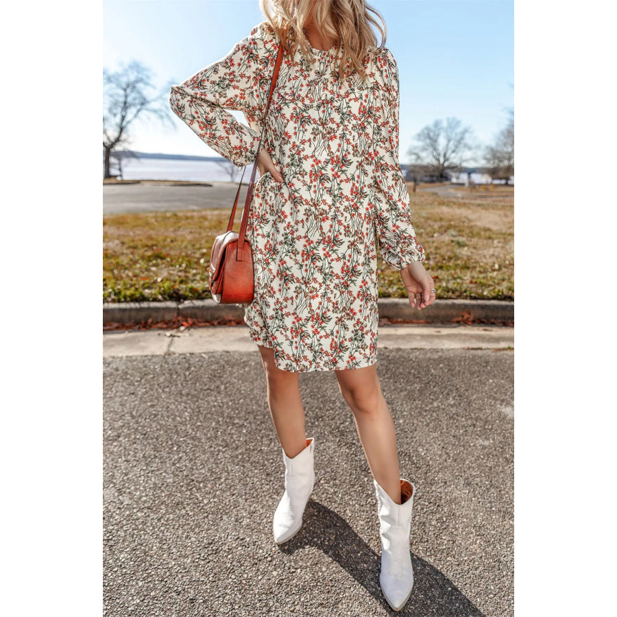 Floral Round Neck Long Sleeve Mini Dress Apparel and Accessories