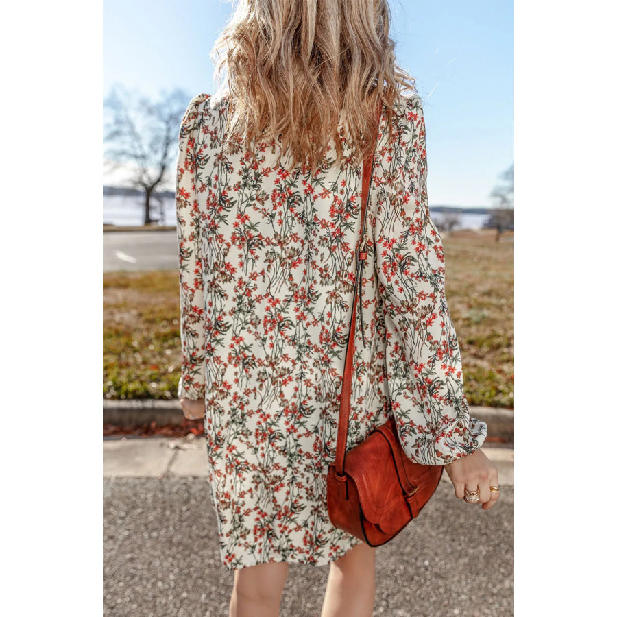 Floral Round Neck Long Sleeve Mini Dress Apparel and Accessories