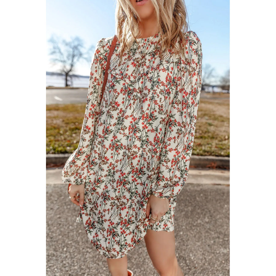 Floral Round Neck Long Sleeve Mini Dress Floral / S Apparel and Accessories