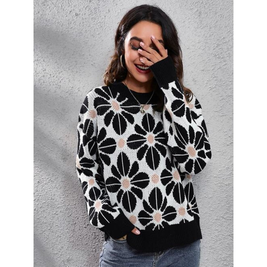 Floral Round Neck Long Sleeve Sweater Black / S