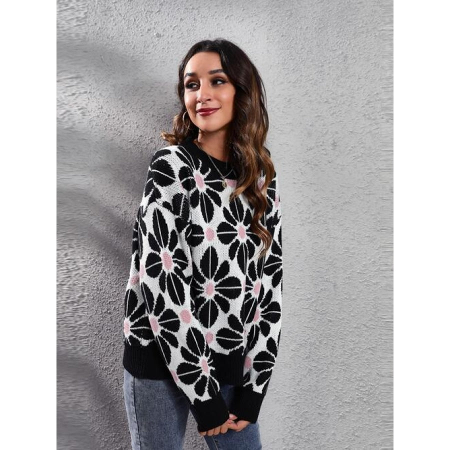 Floral Round Neck Long Sleeve Sweater