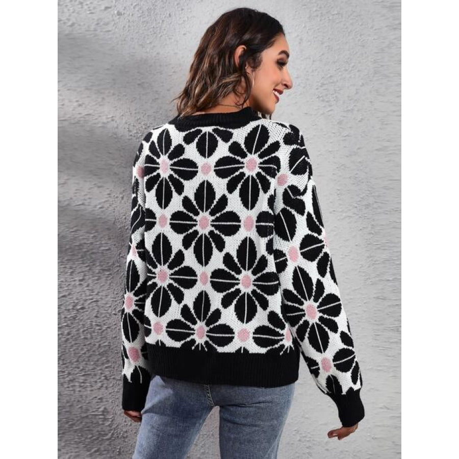 Floral Round Neck Long Sleeve Sweater Black / S